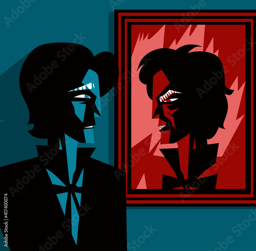 man looking at a ugly face portrait