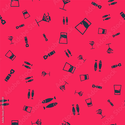 Set Dried fish, Cocktail, Bottle opener and Glass of vodka on seamless pattern. Vector.