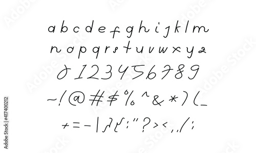 hand writing font in vector design graphic. lowercase and regular alphabet, numeric, and symbols letter illustration for book, note, magazine, poster, etc. modern handwritten typography.