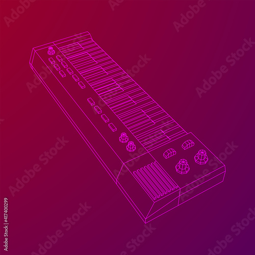 Piano roll analog synthesizer faders buttons knobs. Wireframe low poly mesh vector illustration.