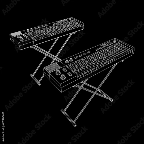 Piano roll analog synthesizer faders buttons knobs. Wireframe low poly mesh vector illustration.