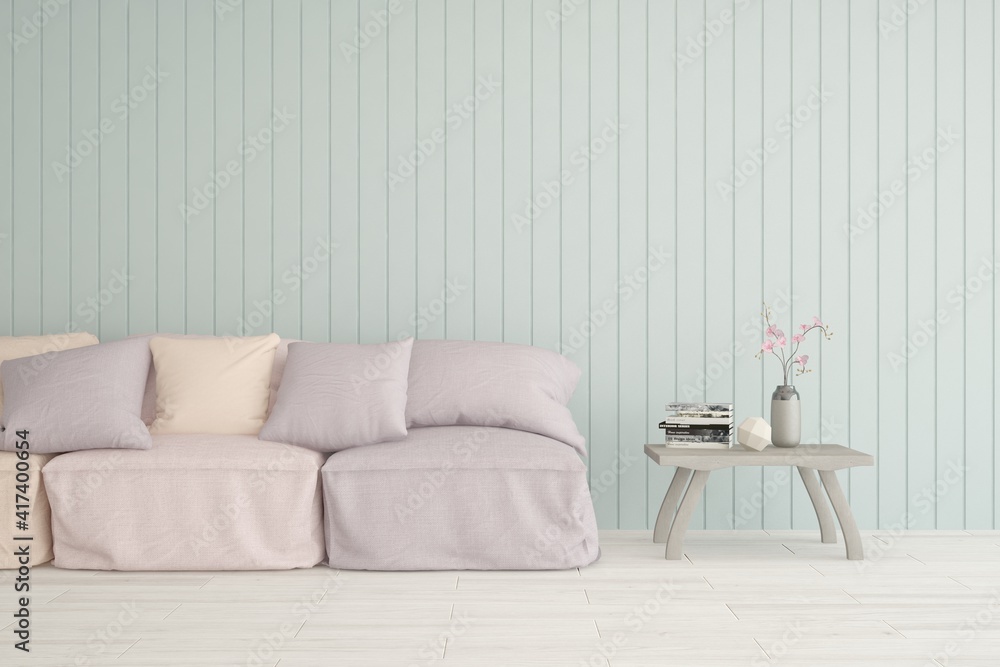 Fototapeta premium Soft color living room with sofa. Scandinavian interior design. 3D illustration