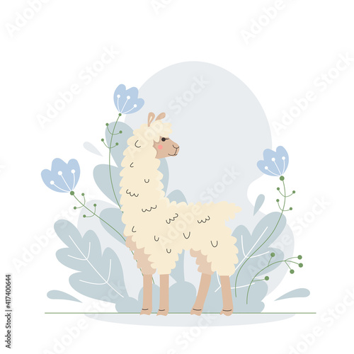 Vector cute animal. Nice little alpapca. Funny lama on a plant background.