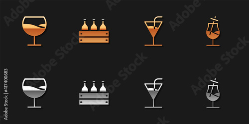 Set Wine glass, Bottles of wine wooden box, Cocktail and icon. Vector.