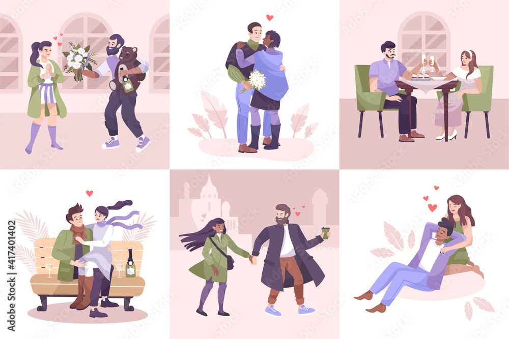 Fototapeta premium Flat Romantic Couple Composition Icon Set