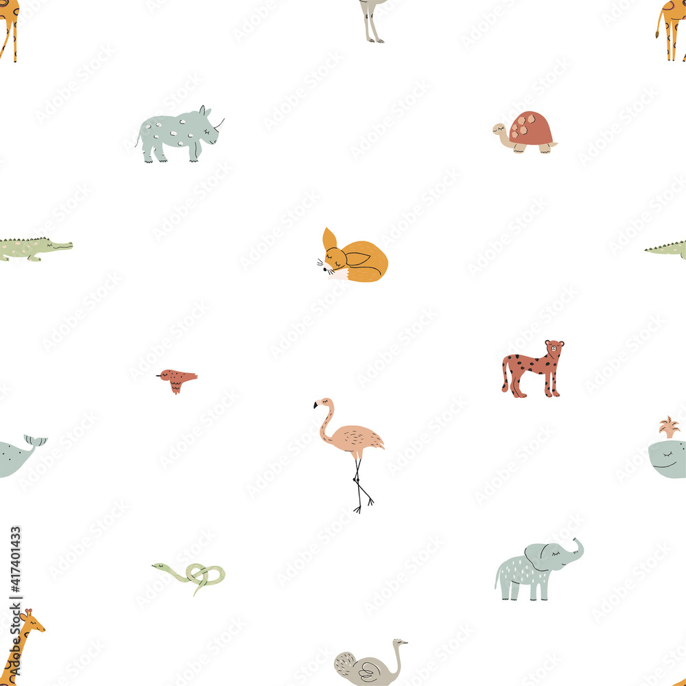Cute funny safari animals seamless vector pattern. Infantile Style nursery art with cheetahs, foxes, elephants, rhinos, ostrich, giraffe, bird, whale ideal for fabric, Textile. Boho colors