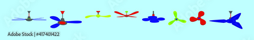 set of ceiling fan cartoon icon design template with various models. vector illustration isolated on blue background
