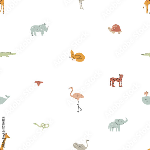 Fototapeta Naklejka Na Ścianę i Meble -  Cute funny safari animals seamless vector pattern. Infantile Style nursery art with cheetahs, foxes, elephants, rhinos, ostrich, giraffe, bird, whale ideal for fabric, Textile. Boho colors