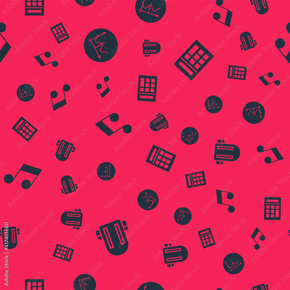 Set School backpack, Graph, schedule, chart, diagram, Music note, tone and Calculator on seamless pattern. Vector. Set School backpack, Graph, schedule, chart, diagram, Music note, tone and Calculator on seamless pattern. Vector.