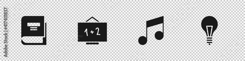 Set Book, Chalkboard, Music note, tone and Light bulb with concept of idea icon. Vector.