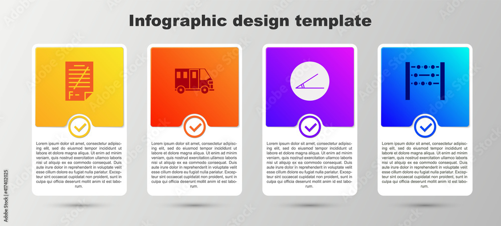 Set Exam paper with incorrect answers, School Bus, Acute angle and Abacus. Business infographic template. Vector.