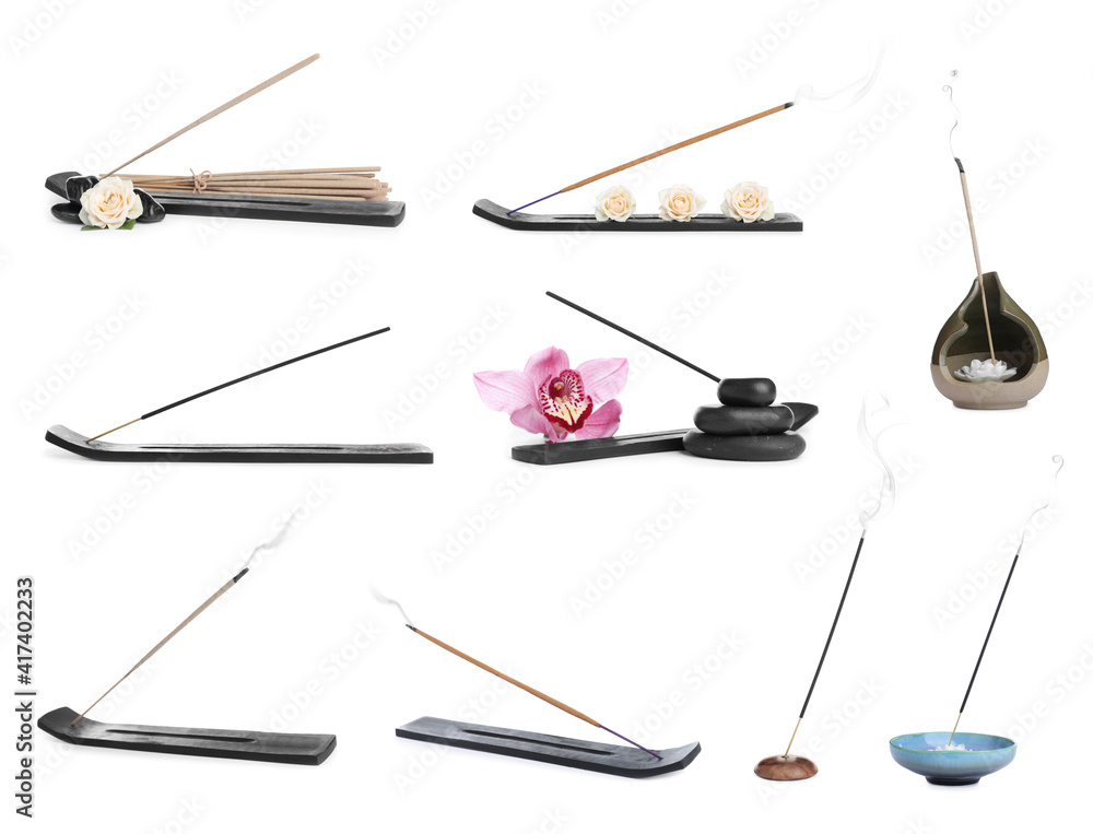 Set with aromatic incense sticks on white background Stock Photo