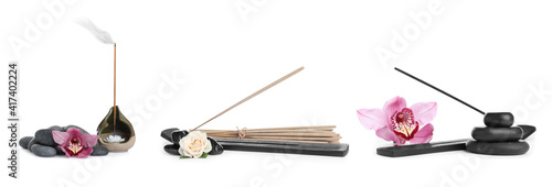 Bild auf Leinwand Set with aromatic incense sticks on white background