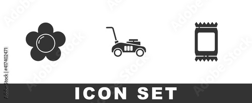 Set Flower, Lawn mower and Fertilizer bag icon. Vector.