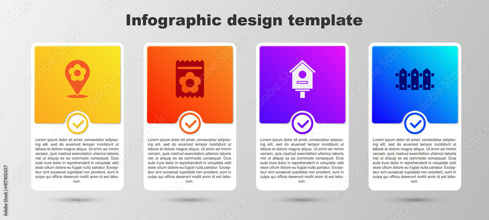 Set Location with flower, Pack full of seeds of plant, Bird house and Garden fence wooden. Business infographic template. Vector. Set Location with flower, Pack full of seeds of plant, Bird house and Garden fence wooden. Business infographic template. Vector.