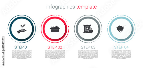 Set Plant in hand of environmental, Fresh grass rectangular, Apple the sack and Wheelbarrow with dirt. Business infographic template. Vector.