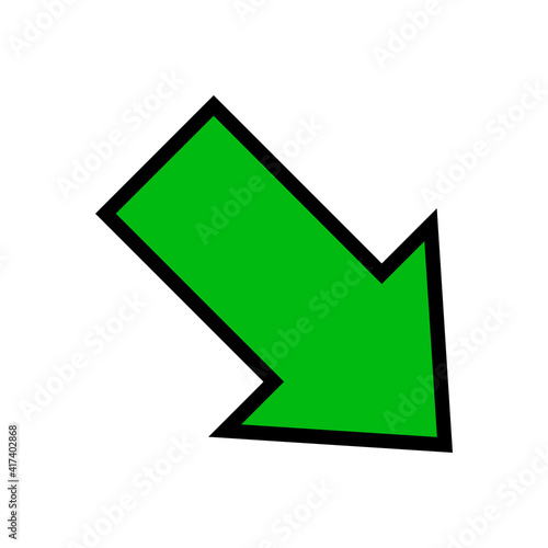 single green arrow, diagonal arrow sign right down isolated on white