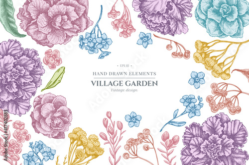 Floral design with pastel wax flower, forget me not flower, tansy, ardisia, brassica, decorative cabbage