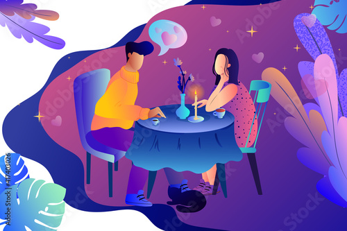 Cartoon couple enjoy romantic date.  Man and woman drink coffee together. Happy man and woman sitting at the table and communicate in cafe. Joyful male and female feeling love