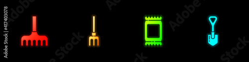 Set Garden rake, , Fertilizer bag and Shovel icon. Vector.