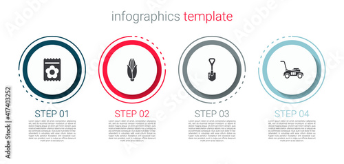 Set Pack full of seeds of plant, Corn, Shovel and Lawn mower. Business infographic template. Vector.