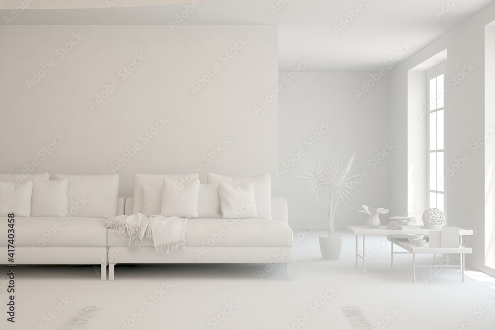 Fototapeta premium White minimalist living room with sofa. Scandinavian interior design. 3D illustration