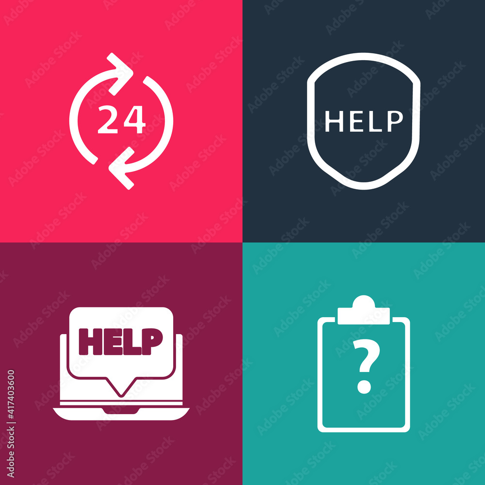 Set pop art Clipboard with question marks, Laptop and help, Shield text Help and Telephone 24 hours support icon. Vector. Set pop art Clipboard with question marks, Laptop and help, Shield text Help and Telephone 24 hours support icon. Vector.