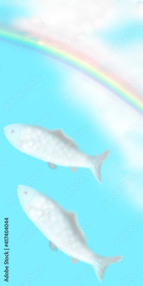 青空に吹き流しのような虹と鯉のぼりのような雲の魚が二匹いるイラスト（縦長）