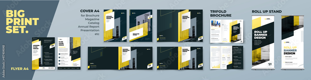 © great_bergens - Corporate Identity Print Template Set of Brochure cover, flyer, tri fold, report, catalog, roll up banner. Branding design in Biege colors. Business stationery background design collection.