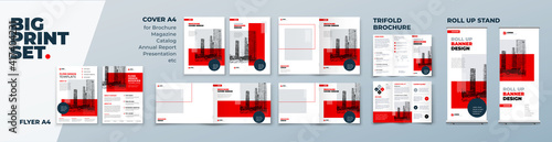 Red Corporate Identity Print Template Set of Brochure cover, flyer, tri fold, report, catalog, roll up banner. Branding design in Biege colors. Business stationery background design collection.