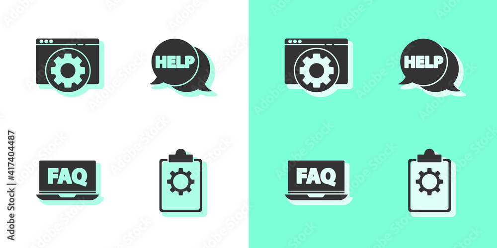 Set Checklist with 24 hours service, Browser setting, Laptop and FAQ and Speech bubble text Help icon. Vector. Set Checklist with 24 hours service, Browser setting, Laptop and FAQ and Speech bubble text Help icon. Vector.
