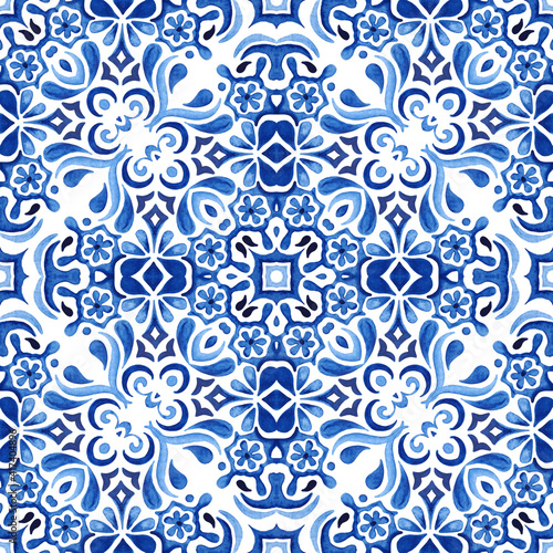 Watercolort handdrawn seamless blue geometric pattern tile design surface photo