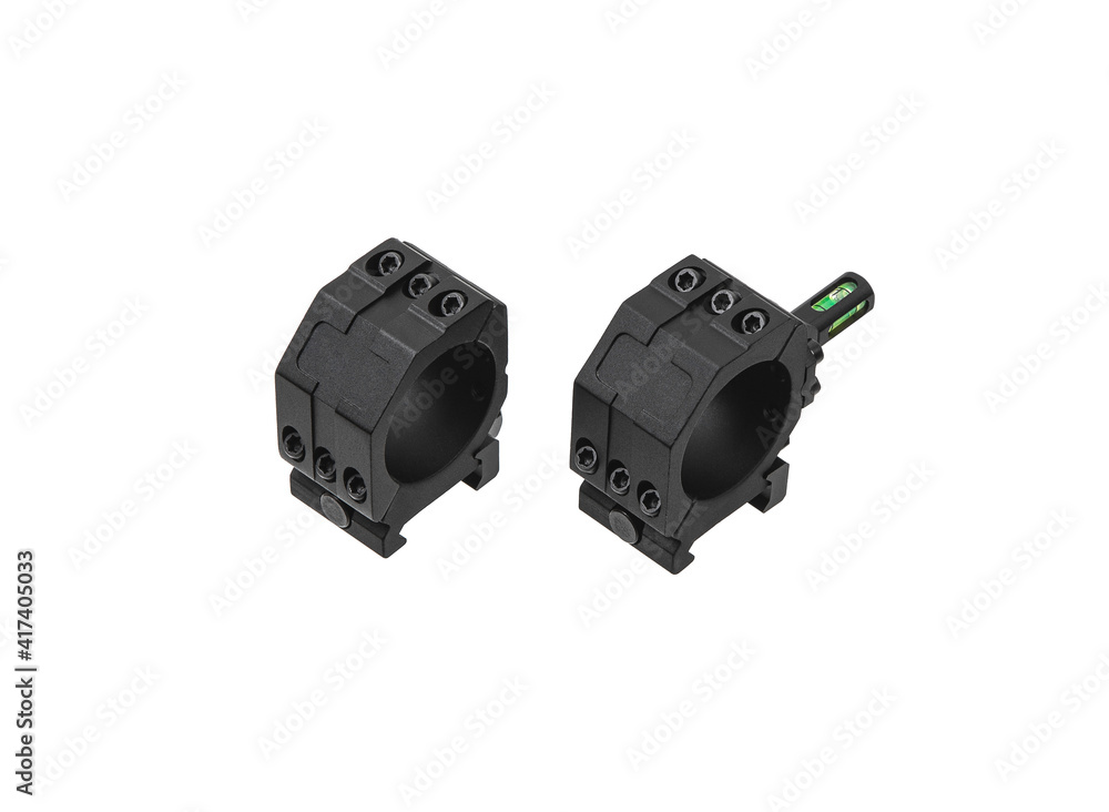 Quick disconnect mount made for holding a scope on a rifle isolated on white back. Quick Release Sniper Cantilever Scope Mount. Quick disconnect mount made for holding a scope on a rifle isolated on white back. Quick Release Sniper Cantilever Scope Mount.
