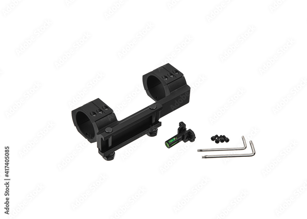 Quick disconnect mount made for holding a scope on a rifle isolated on white back. Quick Release Sniper Cantilever Scope Mount. Quick disconnect mount made for holding a scope on a rifle isolated on white back. Quick Release Sniper Cantilever Scope Mount.