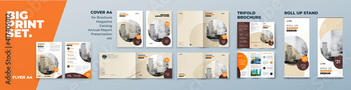 Orange Corporate Identity Print Template Set of Brochure cover, flyer, tri fold, report, catalog, roll up banner. Branding design in Biege colors. Business stationery background design collection.