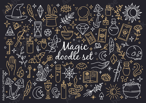 A magical set of doodle style icons. Vector linear witchcraft and mystical symbols. Esoteric items.