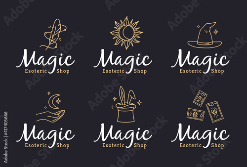 Magic logos set in doodle style for an esoteric shop. Vector linear icons with witchcraft symbols, hat, moon