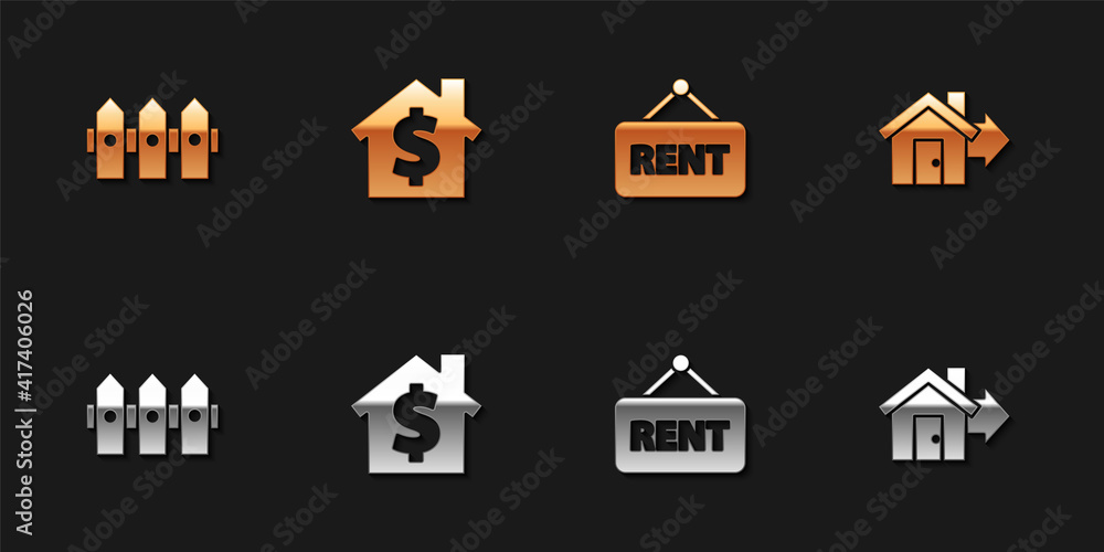 Set Garden fence wooden, House with dollar symbol, Hanging sign Rent and Sale house icon. Vector. Set Garden fence wooden, House with dollar symbol, Hanging sign Rent and Sale house icon. Vector.