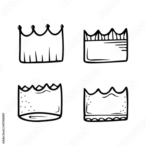 Set of hand drawn crowns isolated on a white background. Doodle, simple outline illustration. It can be used for decoration of textile, paper and other surfaces.