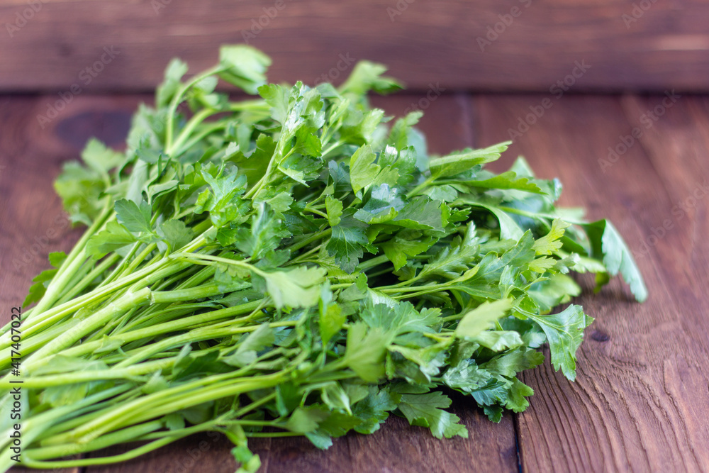 A bunch of parsley on a wooden background. Organic parsley close-up on a rustic board. A bunch of raw parsley grass. A bunch of parsley on a wooden background. Organic parsley close-up on a rustic board. A bunch of raw parsley grass.