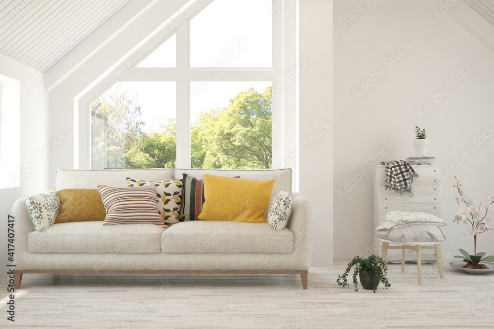 Fototapeta premium White living room with sofa and summer landscape in window. Scandinavian interior design. 3D illustration
