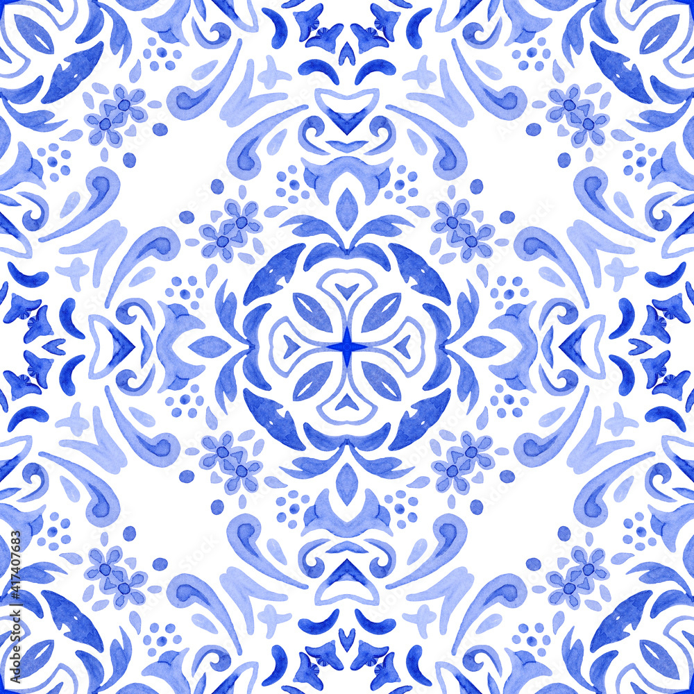 Hand Drawn Damask Tile Abstract Blue And White Watercolor Paint