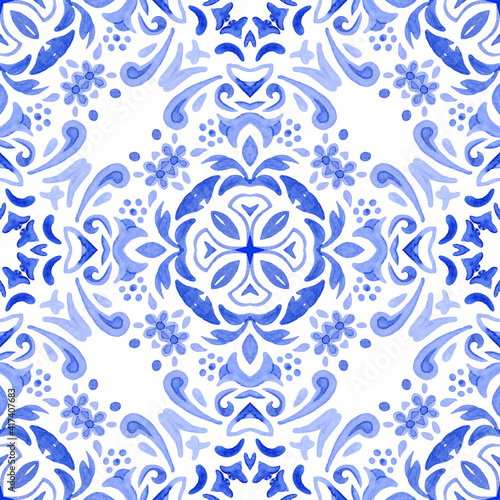 Hand Drawn Damask Tile Abstract Blue And White Watercolor Paint Pattern  Background, Elegant Pattern, Ikat, Moroccan Tile Background Image And  Wallpaper for Free Download