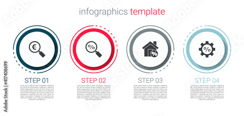 Set Magnifying glass and euro, with percent, House percant discount and Gear. Business infographic template. Vector.