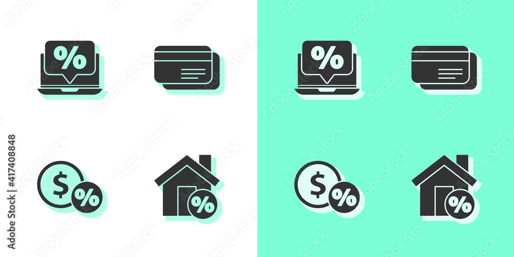 Set House with percant discount, Percent and laptop, Money coin percent and Credit card icon. Vector. Set House with percant discount, Percent and laptop, Money coin percent and Credit card icon. Vector.