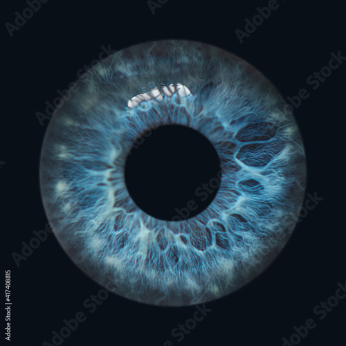 real blue eye iris isolated on black background