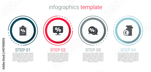 Set Finance document, Discount percent tag, and Coin money with euro symbol. Business infographic template. Vector.