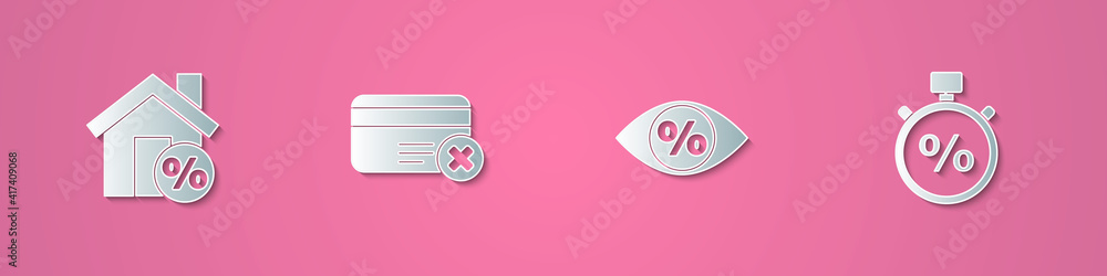 Set paper cut House with percant discount, Credit card remove, Eye percent and Stopwatch and icon. Paper art style. Vector. Set paper cut House with percant discount, Credit card remove, Eye percent and Stopwatch and icon. Paper art style. Vector.