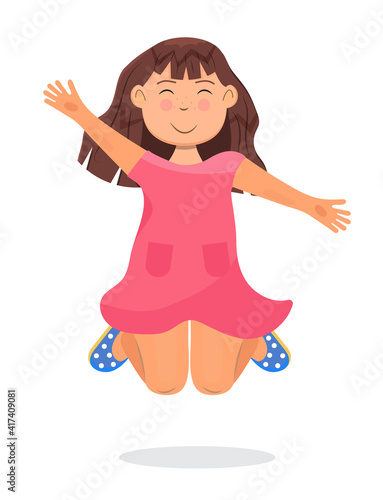 Happy school kid jumping. Cartoon character has fun, runs, jumps, plays. European girl illustration vector isolated