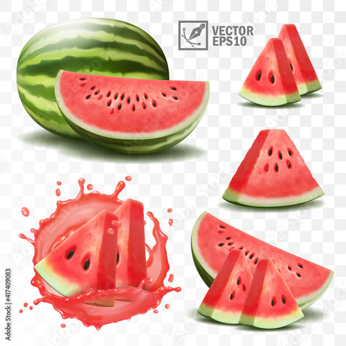 Fotografia 3d realistic transparent isolated vector set, whole and slice of watermelon, wat